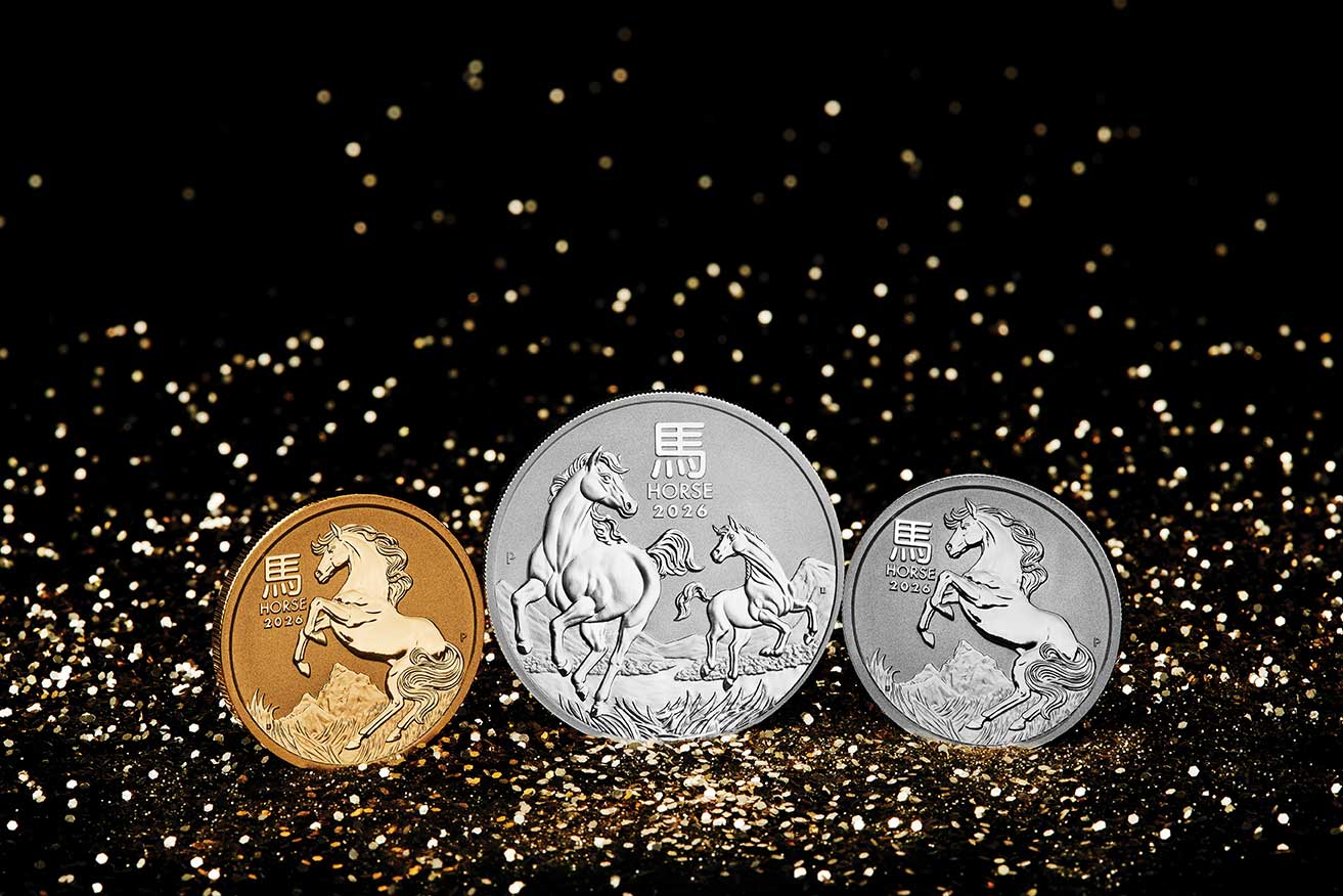 Depiction of three Perth Mint 2026 Year of the horse coins. From left to right, gold horse, silver horse and platinum