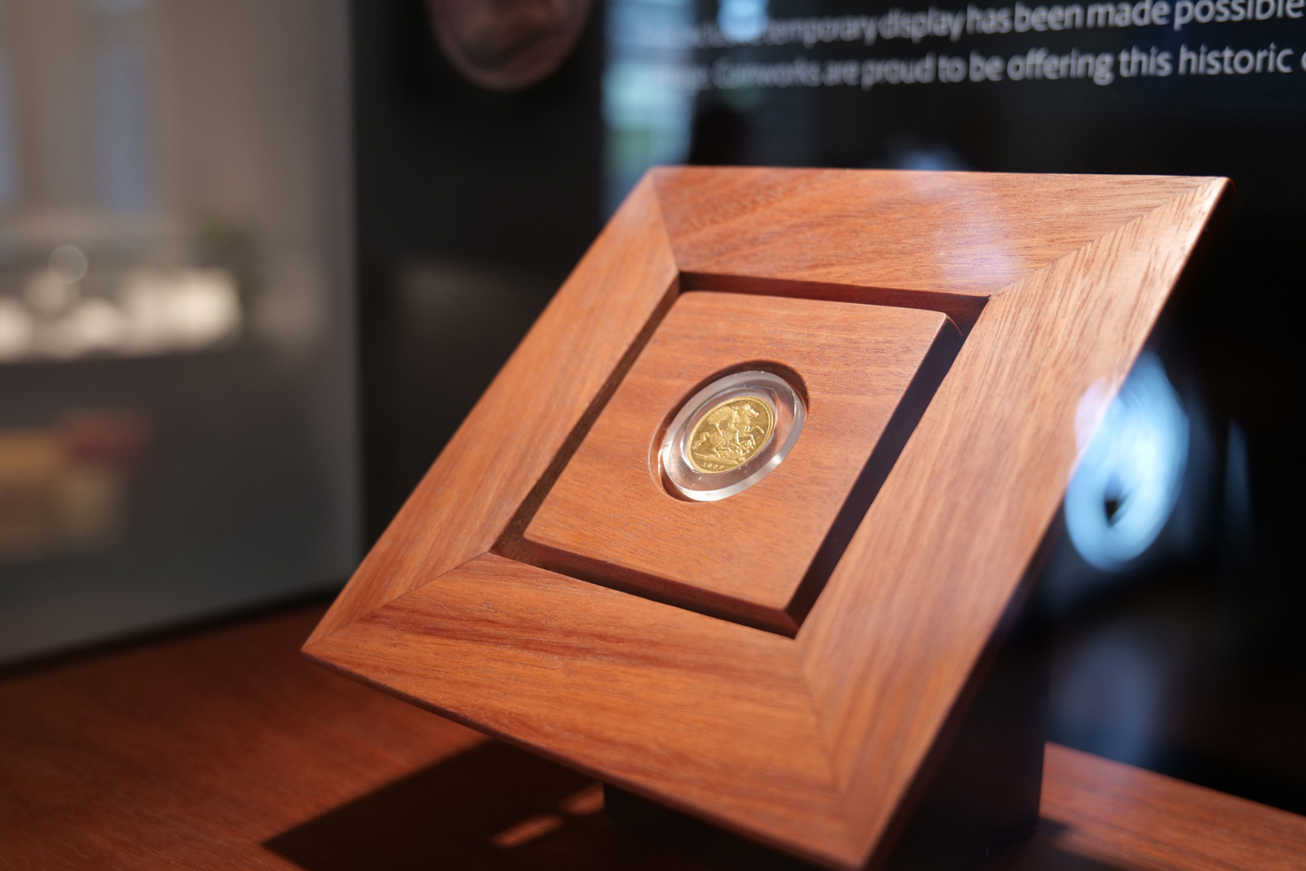 A rare The Perth Mint 1899 half sovereign on display in The Perth Mint shop