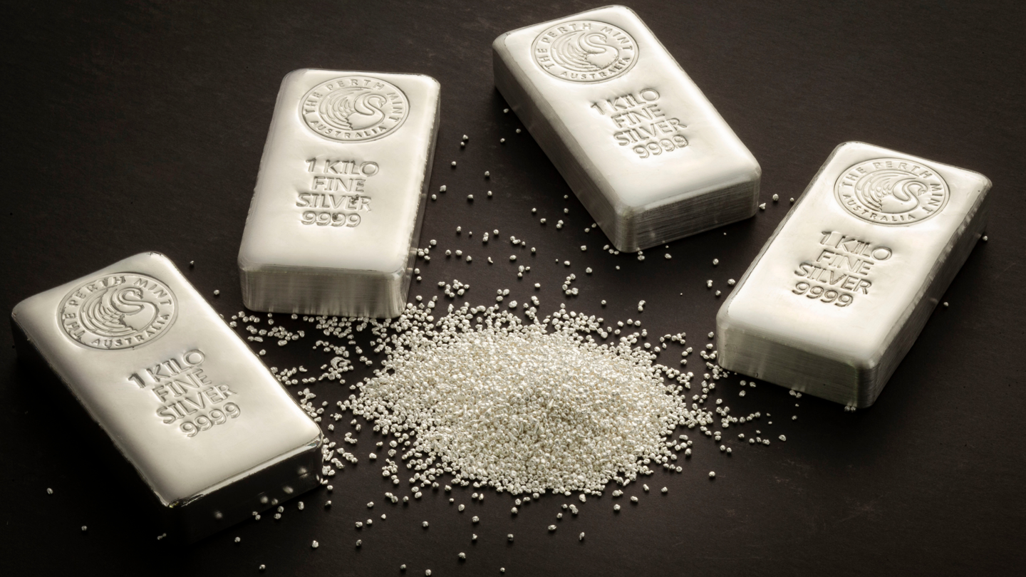 an image of Perth Mint silver bullion bars with silver granules in the middle of the image